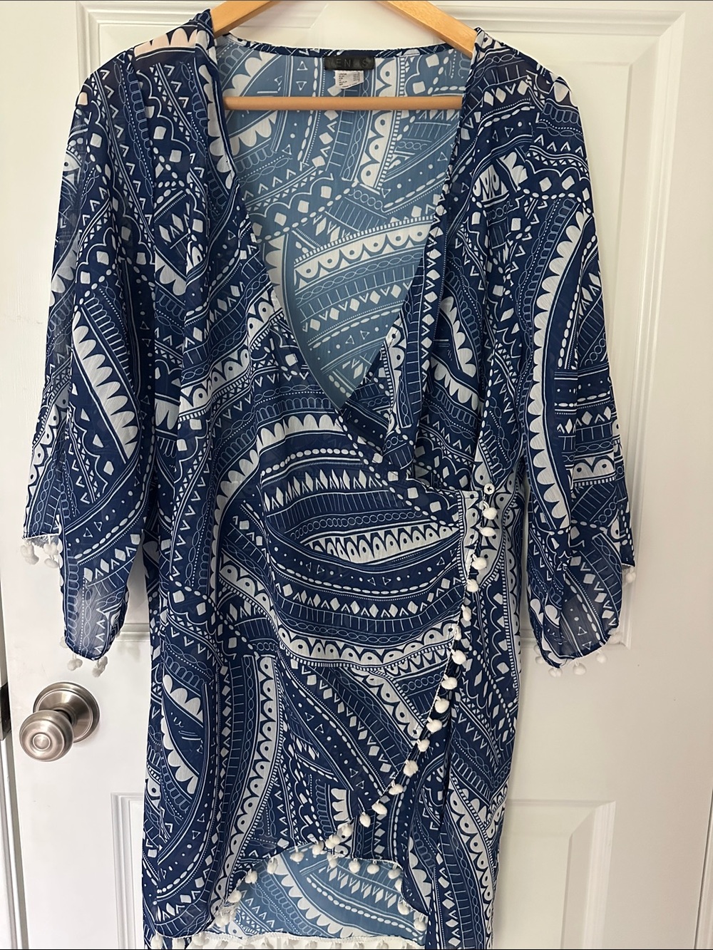 VENUS Blue and White Printed Wrap Beach Coverup with Pom Trim